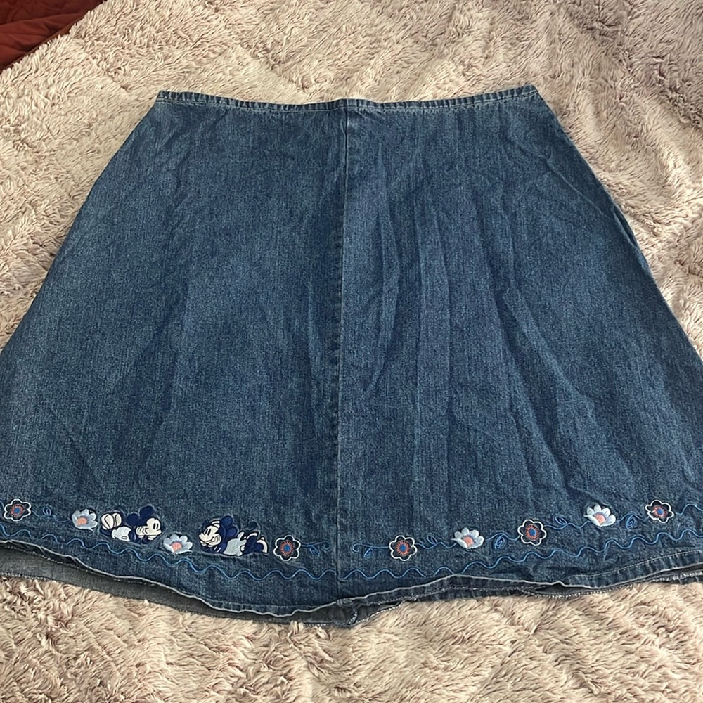 Vintage Disney Blue Denim A-Line Skirt with MICKY and Minnie embroidery hem XL